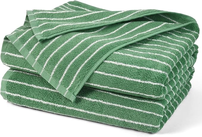 Bath Towels 2 Pack, Lighter & Quick Dry Towels Large 27.5 x 55 inches, | Luxury Terry Cotton Towels for Bathroom Beach Swim, Forest Green & White Striped