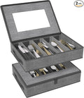 2-Pack Silverware Storage Box, Flatware Organizer with Clear Lid, Grey | Utensil Storage Case with Adjustable Dividers, Quilted, Stackable, Dual Zippers, Reinforced Handles for Moving and Storage