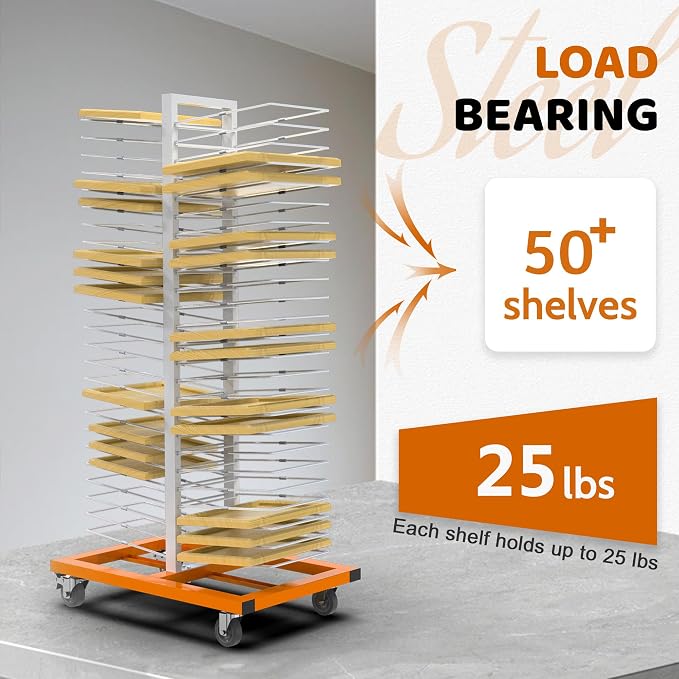 MOOFI 50 Shelves Paint Drying Rack with 4 Locking Casters for Cabinet & Full-Size Doors Drying Rack - Heavy Duty Art Studio Space Saving Storage Rack, 2.1" Shelf Spacing, 25lbs Capacity per Level