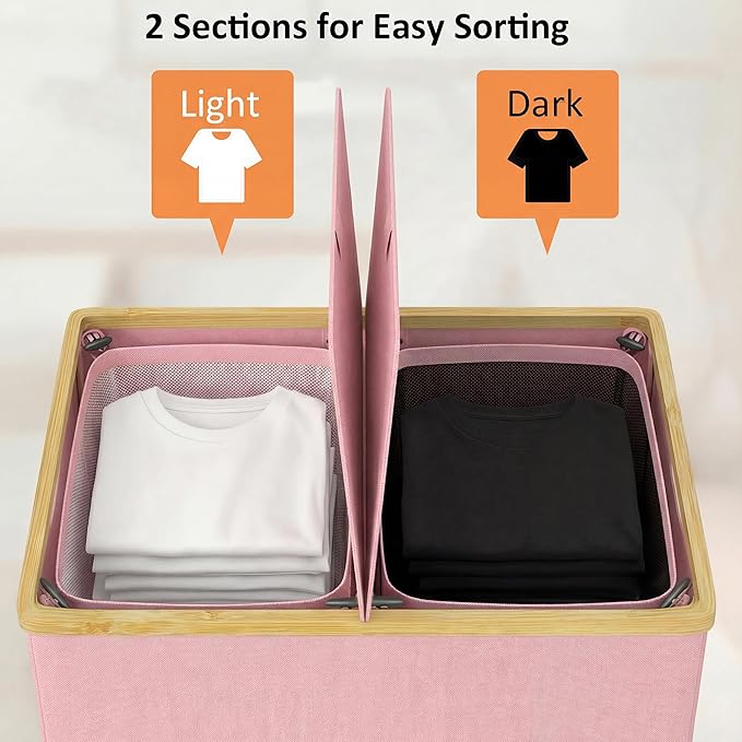 efluky Laundry Hamper with Lid, Double Laundry Basket with 2 Removable Bags, 2 Section Laundry Bin with Bamboo Handles for Bathroom, Bedroom & Laundry Room, 140L (36.9 Gallon) Pink