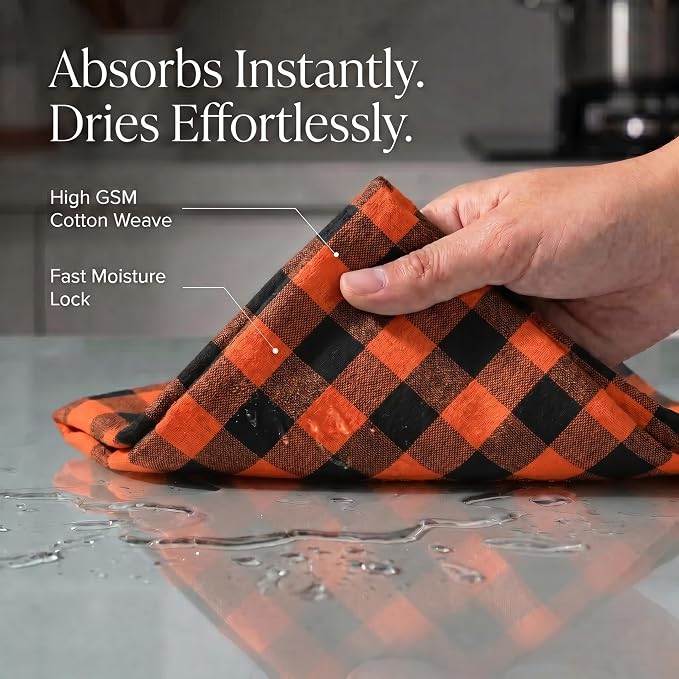 Urban Villa Halloween Kitchen Towels Set of 6 Dish Towels Size 20''x30'' Buffalo Checks Orange/Black 100% Cotton Highly Absorbent Quick Drying Dish Cloths & Dish Towels with Hanging Loop Tea Towels
