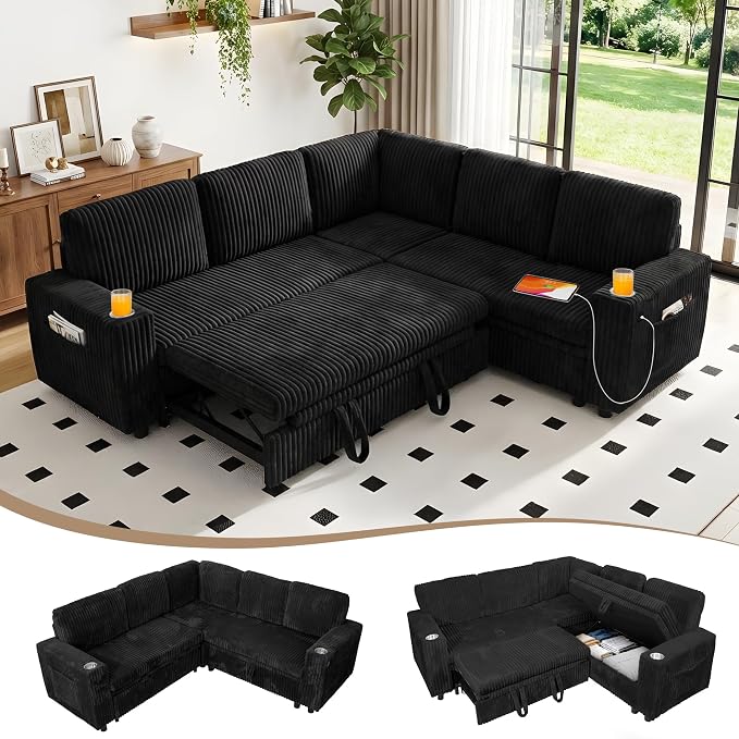 L-Shaped Sectional Sleeper Sofa with Pull Out Bed, Black | Plush Corduroy Modular Couch with Storage, USB Charging, Cup Holders – Cozy Cloud Couches for Living Room, Easy Assembly