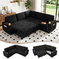 L-Shaped Sectional Sleeper Sofa with Pull Out Bed, Black | Plush Corduroy Modular Couch with Storage, USB Charging, Cup Holders – Cozy Cloud Couches for Living Room, Easy Assembly