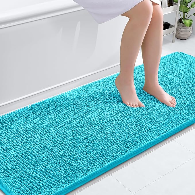 OLANLY Bathroom Runner Rugs 70x24, Soft Absorbent Chenille Bath Rugs, Rubber Backing Quick Dry, Machine Washable Long Bath Mats for Bathroom Floor, Tub and Shower, Home Decor Accessories, Aqua Sky