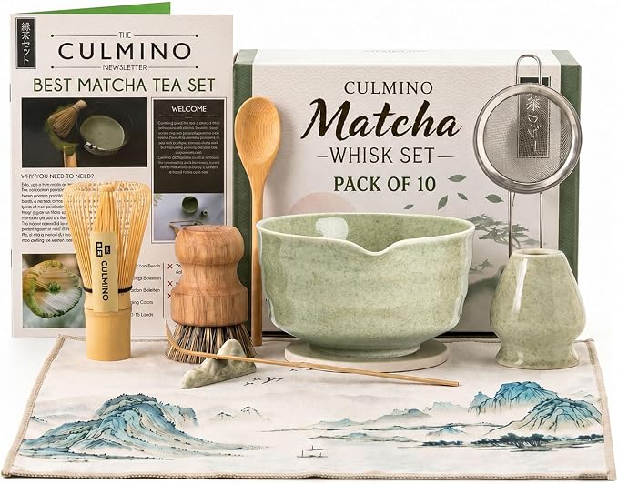 Traditional Matcha Whisk Set, 10 Pcs - 450ml Matcha Bowl and Whisk, Whisk Holder, Bamboo Scoop & Spoon, Matcha Sifter, Scoop Holder, Silicone Coaster, Tea Brush & Cloth – Matcha Kit for Tea Lovers