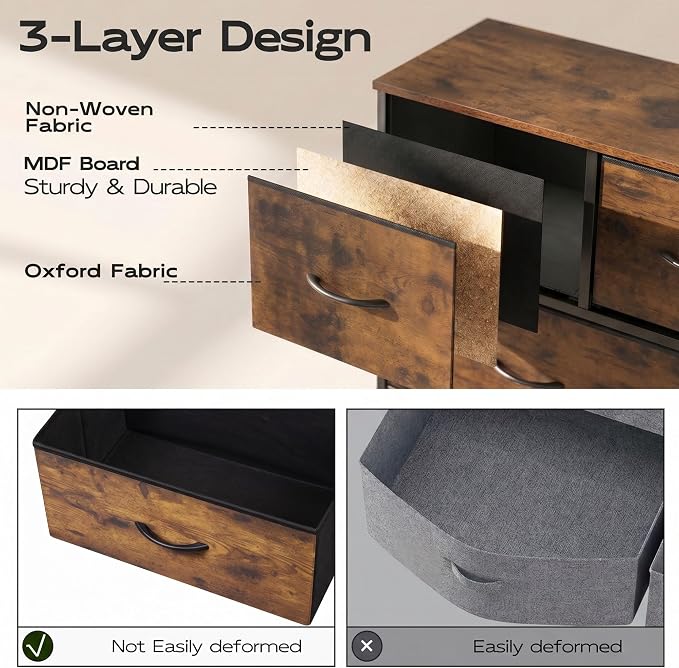 WLIVE 9-Drawer Dresser, Fabric Storage Tower for Bedroom, Hallway, Entryway, Closet, Tall Chest Organizer Unit with Fabric Bins, Steel Frame, Wood Top, Easy Pull Handle, Rustic Brown Wood Grain Print