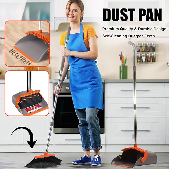 DUST PAN Adjustable Handle Length 90–125cm Broom and 80–110cm Dustpan – Durable PP+PET+Stainless Steel Build – Black & Green Color – Home, Office, Kitchen & Easy Floor Cleaning