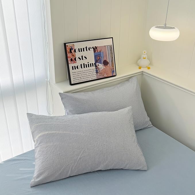 mixinni Striped Duvet Cover Set- 100% Washed Cotton Blue Comforter Cover with White Pinstripe Stripes Pattern Printed Bedding Set with Zipper Closure, 3 Pieces, Twin XLSize