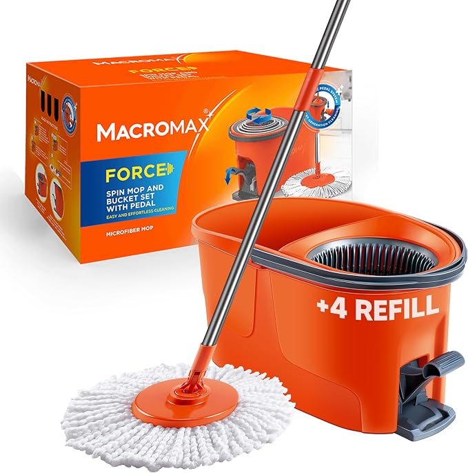 Macromax Force Spin Mop and Bucket Set with 4 Refills– Pedal-Activated Wringer System – 360° Microfiber Mop for Floor Cleaning – Ergonomic Handle – Wet or Dry Use – Hardwood, Tile & Laminate