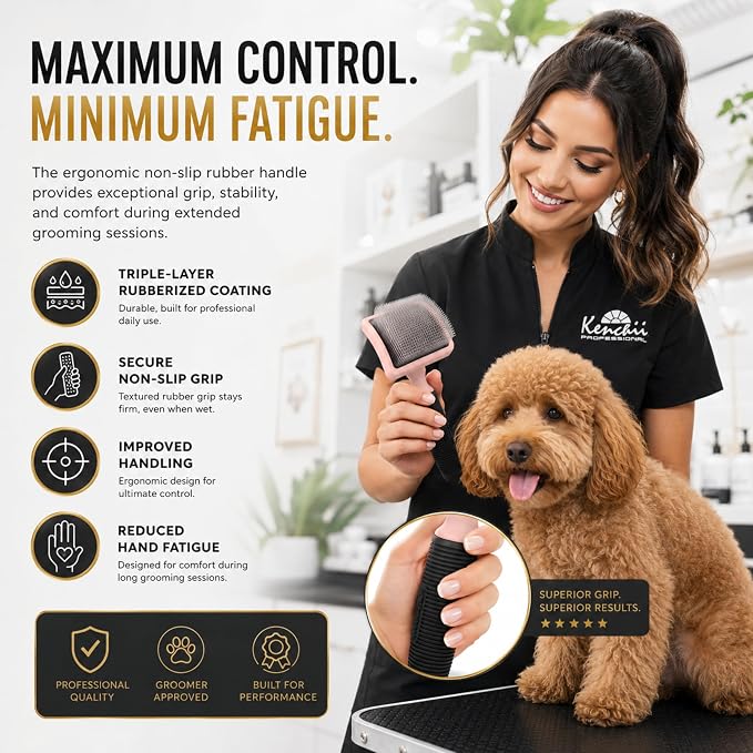Kenchii Long Pin Slicker Brush for Dogs (Poodles, Doodles, Goldendoodles, Labradoodles), Professional Grooming Brush for Detangling, Fluffing & Dematting, Non-Slip Comfort Handle