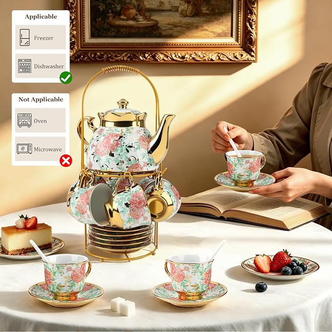 20 Piece Porcelain Tea Set with Metal Holder European Floral Pattern Tea Pot Tea Cup Tea Saucer Teaspoon for Women Adult Tea Party Large Version