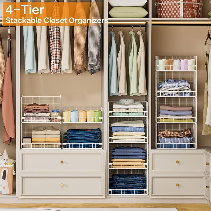 Yociyoga 4 Tier Stackable Closet Organizers and Storage Shelves, Foldable Closet Shelf Organizer System, Stackable Storage Bins Drawers for Clothes Organizer System, White（Patent No. 30022416）