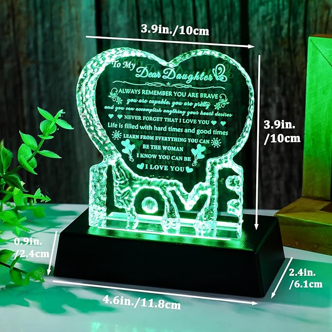 YWHL Daughter Gifts from Mom Dad with Colorful Light Base Birthday Gifts for Daughter Adult Crystal Heart Keepsake Meaningful Present for Daughters on Christmas Valentines Graduation