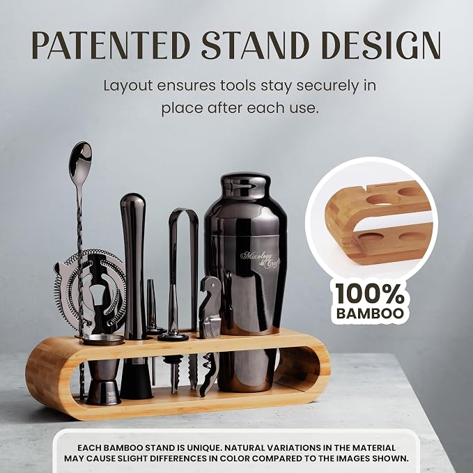 Mixology & Craft Cocktail Shaker Set with Bamboo Stand - Professional 10-Piece Bartender Kit, Complete Bar Set for Home Use with Jigger, Muddler, Strainer, Spoon, Pourers & Corkscrew (Gunmetal)