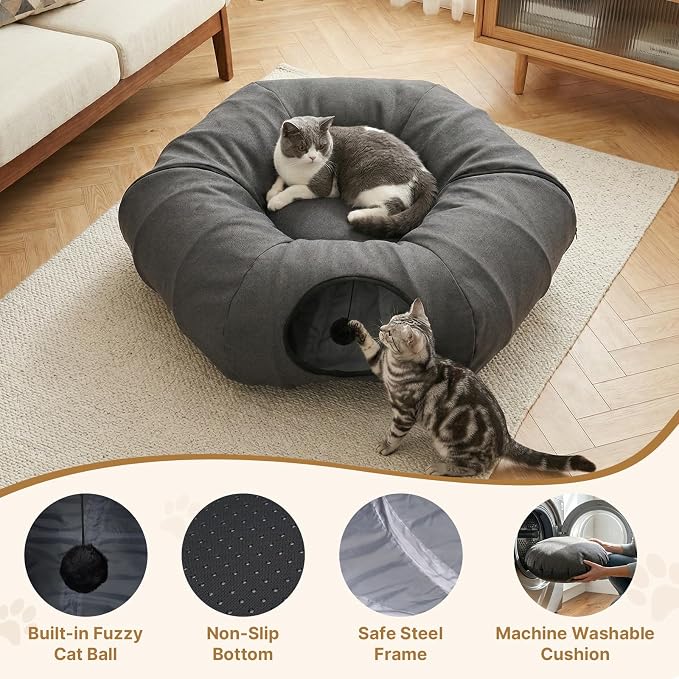 Cat Tunnel Bed for Indoor Cats, Cooling Natural Linen Cat Tunnel, Breathable 29.5in Kitten Toys Cat Tunnel with Washable Mat, Round Pet Tunnel for Kittens, Squirrels Dark Grey