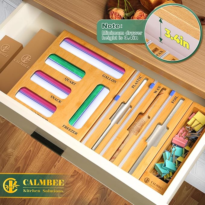 Calmbee 9 in 1 Bamboo Storage Bag Organizer for Kitchen Drawer – Plastic Wrap Dispenser with Cutter & Foil Organizer, Wooden Baggie Organizer for Sandwich, Snack, Gallon, Quart Sizes, Natural