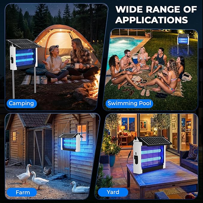 Upgraded Solar Bug Zapper Outdoor with Dual Panels, 4500V Cordless Rechargeable Fly Insect Killer Waterproof Electric Mosquitoes Zapper for Patio Garden Backyard RV Camping Pond