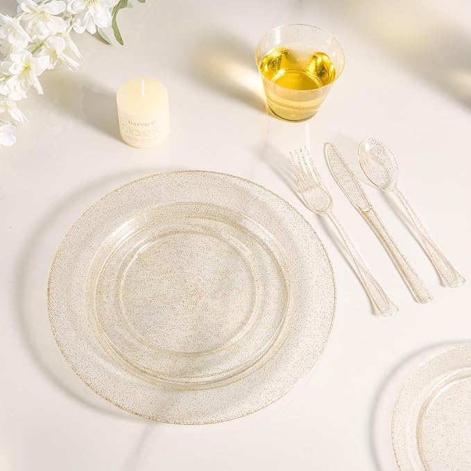 BESTVIP 600PCS Gold Glitter Dinnerware Set for 100 Guests, Plastic Plates for Party, 100 Gold Disposable Plates, 100 Dessert Plates, 100 Cups, 100 Spoons, 100 Forks and 100 Knives