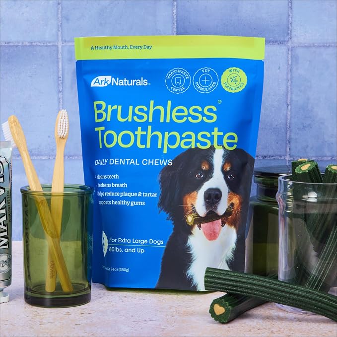 Ark Naturals Brushless Toothpaste Dog Dental Chews - XL Breeds (12 ct) | Vet Formulated Dog Dental Chew with Toothpaste Center - Freshens Breath, Reduces Plaque & Tartar