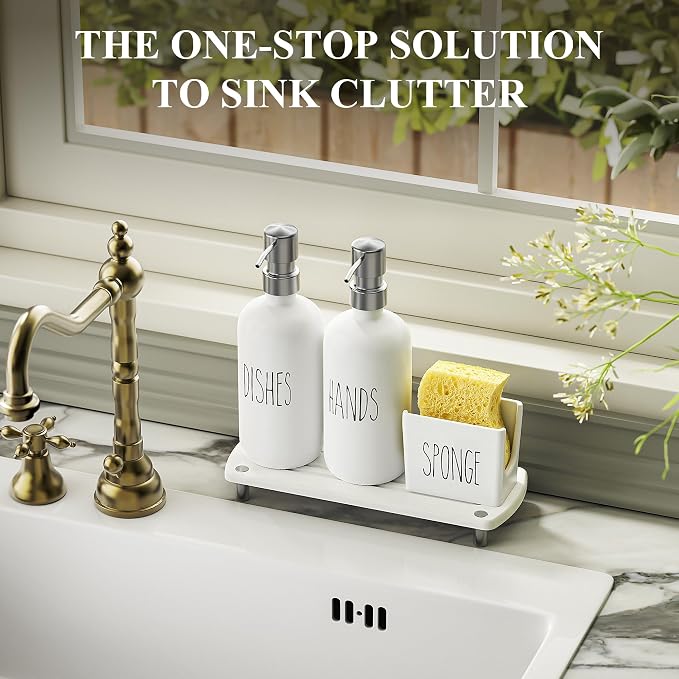 Cisily Kitchen Soap Dispenser Set Comes with Ceramics Sponge Holder, Gold Pumps, and Instant Dry Tray, Hand and Dish Soap Dispenser Set (4, Silver + White + Sponge Holder)