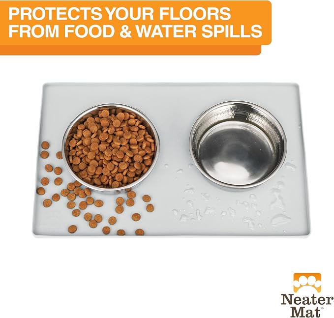 Neater Pet Brands Neater Mat Pet Mats for Food and Water, Cat & Dog Bowl Mat Waterproof Silicone, Feeding Tray, Dog Food Mats for Floors, Placemat w/Raised Edge for Under Bowls, 16” x 10”, Light Gray