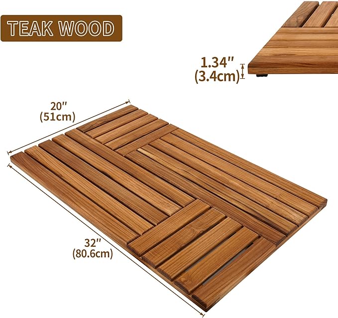 Utoplike Teak Wood Bath Mat, Shower Mats for Bathroom 32 x 20 inch Large | with Non-Slip Pads, Wood Floor Sturdy Mat for Inside Shower, Luxury Spa Home or Outdoor