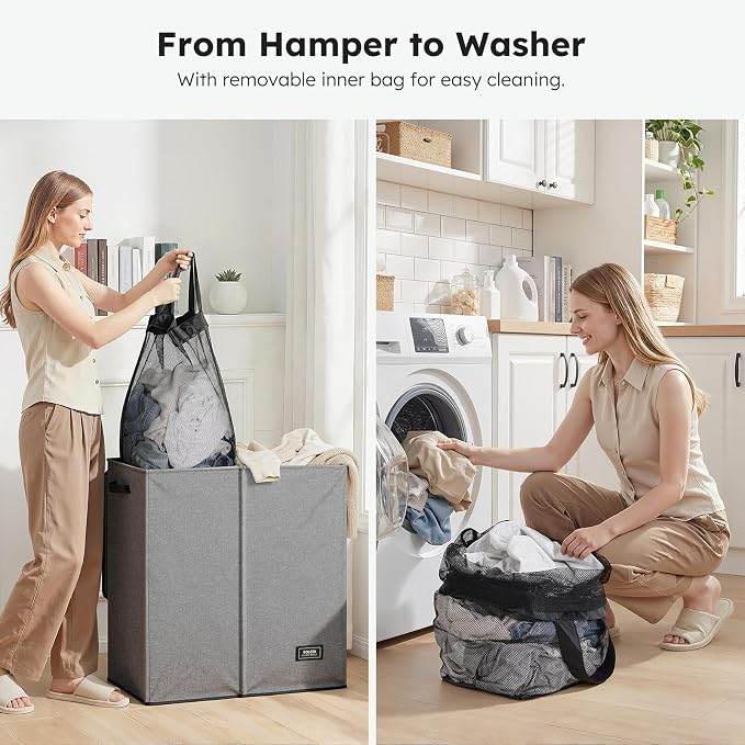 SOLEDI Large Double Laundry Hamper with Lid,165L Collapsible Clothes Hamper 2 section with Removable Bags, Space-Saving Laundry Basket for Bedroom, Dorm, College