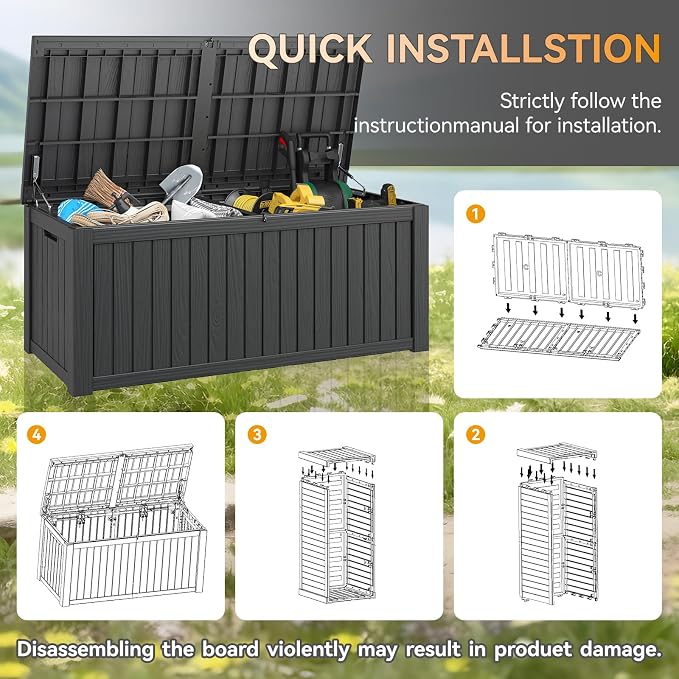 Outdoor Storage Box, 230 Gallon Large Outdoor Resin Deck Box, Storage Waterproof Boxes Lockable Lid for Garden Tools, Pool Supplies, Patio Furniture and Cushions, Black