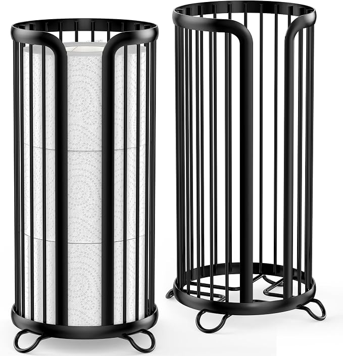 Toilet Paper Holder Stand, Freestanding Toilet Paper Storage,2 Pack,Black | Waterproof Raised Feet,Rustproof,Fit 3 Mega Rolls,No Drilling No Assemble,Minimalistic Storage,Space-saving Renter Friendly