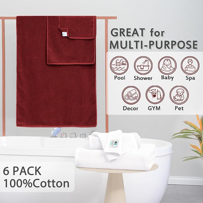 VOOVA & MOVAS 6PC Towel Set, 100% Cotton, Burgundy Red White | 2 Large Bath 30x56 In, 2 Hand 18x28 In, 2 Wash Cloths 13x13 In, Quick Dry, Soft, Thick, Bathroom Essentials