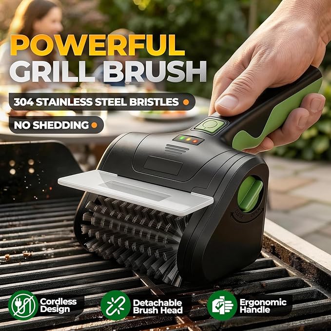 Auto Dynasty Cordless Electric Grill Brush, 304 Stainless Steel BBQ Brush with Rotating Scrub Head, Rechargeable, Type-C Fast Charging for Gas/Charcoal/Outdoor Grill, Green/Black