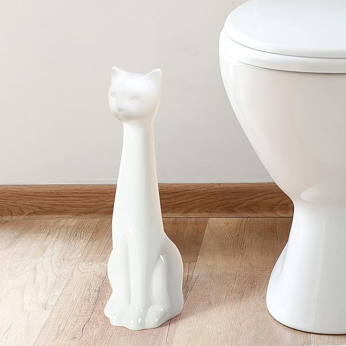 Allure Home Creation Cat 3-Piece White Ceramic Toilet Brush Holder w/White Plastic Handled Scrub Brush & Soap Dispenser