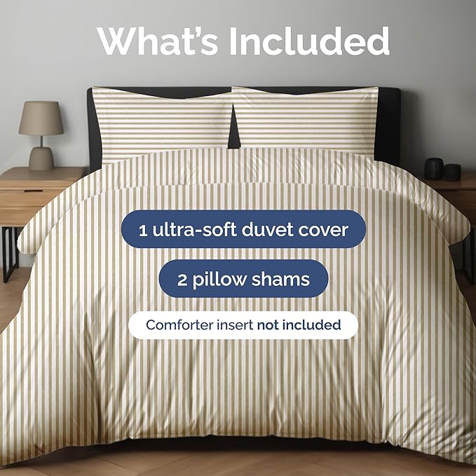 Duvet Cover Queen Size Set - Extra Soft Queen Size Duvet Cover 90 x 90 with 2 Pillow Shams - Hotel Luxury Easy Care & Fade Free w/Zipper Closures & Ties - Comfy Breathable Bedding Set (Beige Stripes)