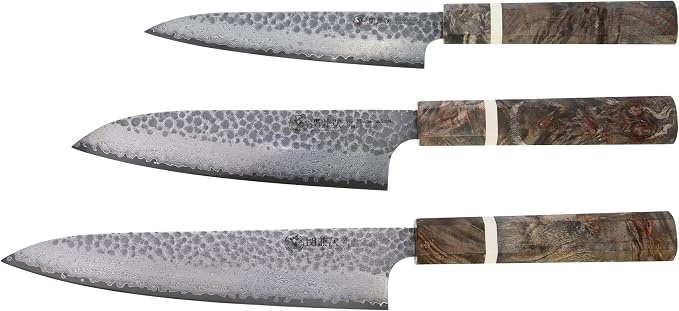 Cold Steel Japanese VG-10 Damascus 3-Piece Kitchen Knife Set – VG-10 Steel Chef Knives with Damascus Pattern for Precision Cutting & Kitchen Use