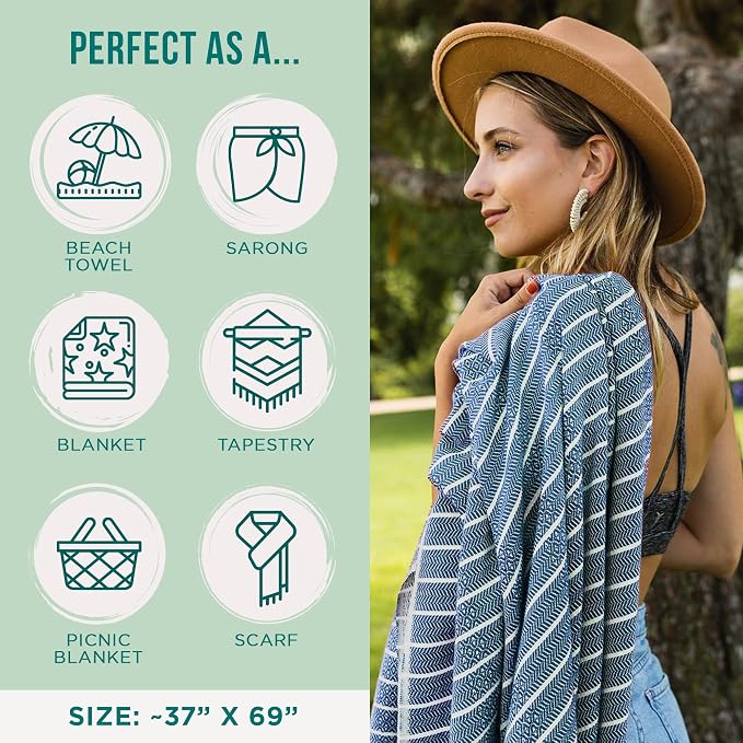 Sand Cloud Turkish Beach Towel - Sand Resistant & Quick Dry Towel - 2 Pack | 100% Certified Organic Turkish Towel - Bath Towel or Beach Blanket for Picnic - As Seen on Shark Tank - Gocek (Denim)