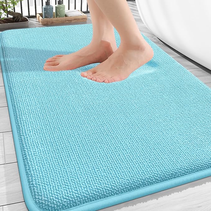 OLANLY Thick Memory Foam Bathroom Rugs 30x20, Absorbent Bath Mat, Sky Blue | Soft Quick Dry Bath Rugs Mats, Non-Slip, Machine Washable Carpet for Bathroom Floor, Tub and Shower, Home Decor Accessories