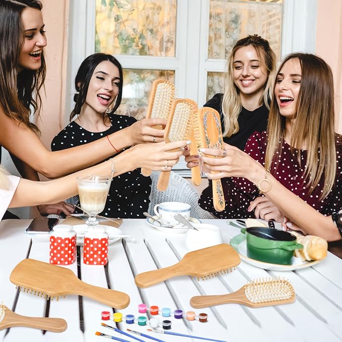 Meanplan 16 Set DIY Wooden Hairbrush Painting Kits Make Your Own Hair Brush Hand-Painted Hairbrush Night Party Supplies with Paint Brush and Palette for DIY Gift Party Crafts (Square)