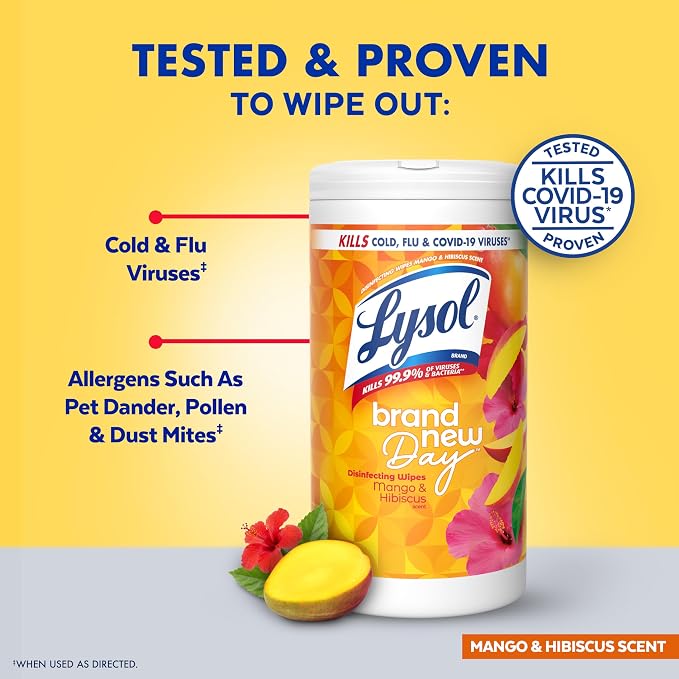 LYSOL Disinfecting Wipes, All Purpose Cleaner, Multi-Surface Antibacterial Cleaning Wipes, Household Cleaning Supplies, Dorm Essentials, Mango & Hibiscus Scent, 80 ct.