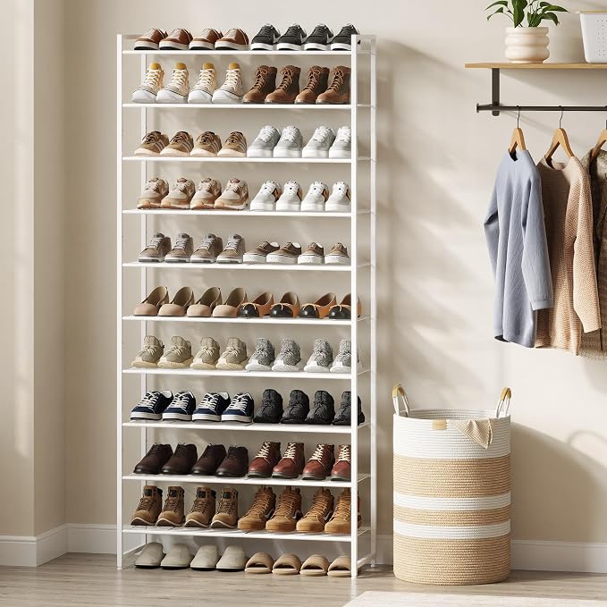 Nunsino Shoe Rack for Closet, Metal Shoe Organizer, 10 Tier Garage Shoe Rack Max Holds 50 Pairs,Shoe Storage Shelf,Entryway,White