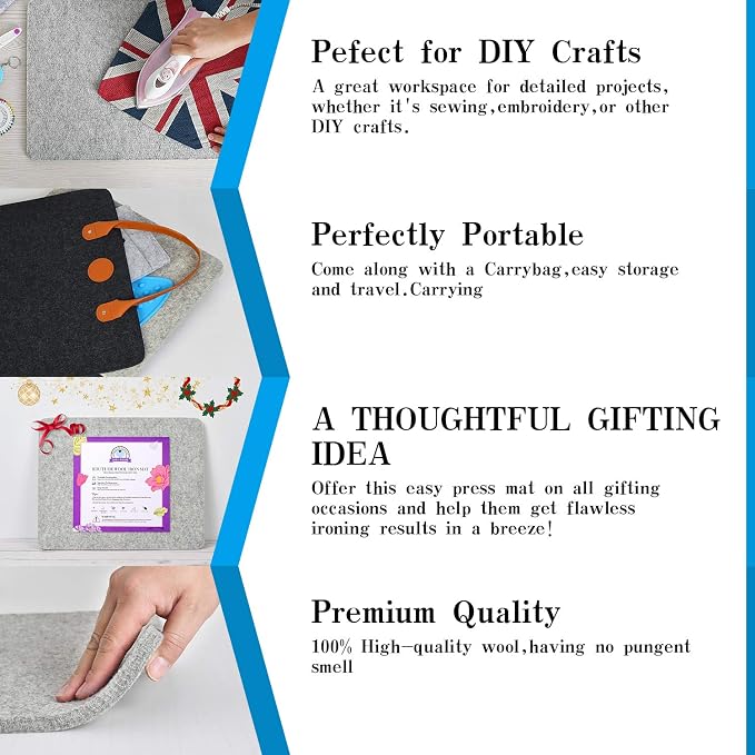 Wool Pressing Mat, 100% New Zealand Wool, 17" x 13.5" Ironing Mat | with Carrying Case, Silicone Iron Rest Pad For Quilting, Sewing and Ironing, Naturally Retains Heat for Efficient Pressing