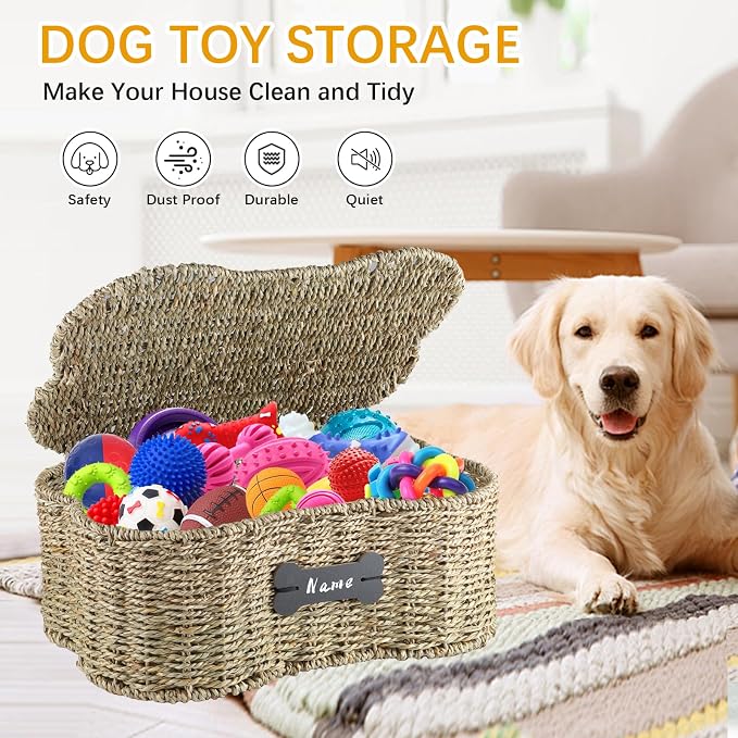Morezi Personalized Dog Toy Basket bin Box with lid Bone Shape Designed Great for organizing pet Dogs Cats chew Toys leashes Clothing in Living Room Area playroom Closet Shelf Gift Basket