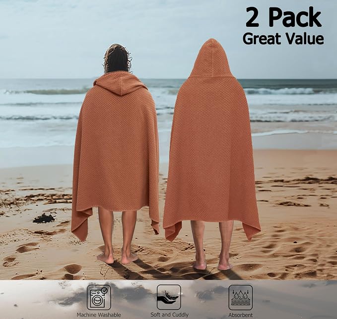 COTTON CRAFT Hooded Bath Towel for Adults – 2 Pack 100% Cotton Bath Sheet | Waffle Weave Oversized 35x70 inch Ringspun Terry Bath Wrap with a hood - Soft Super Absorbent Quick Dry – 450 GSM – Mocha