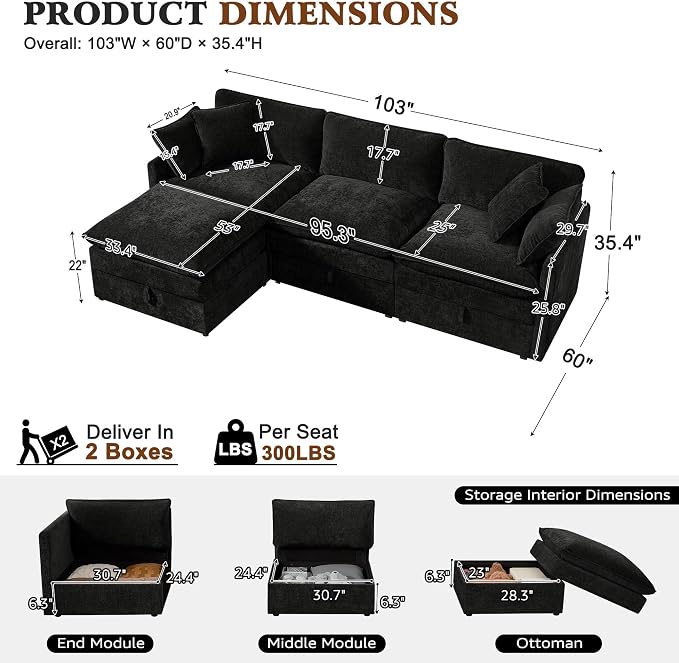 Ihanherry 103" Modular Sectional Sofa with Storage, L Shaped Cloud Couch with Movable Ottomans & 4 Pillows, Chenille Deep Seat Sectional Couches for Living Room, Apartment (Black)