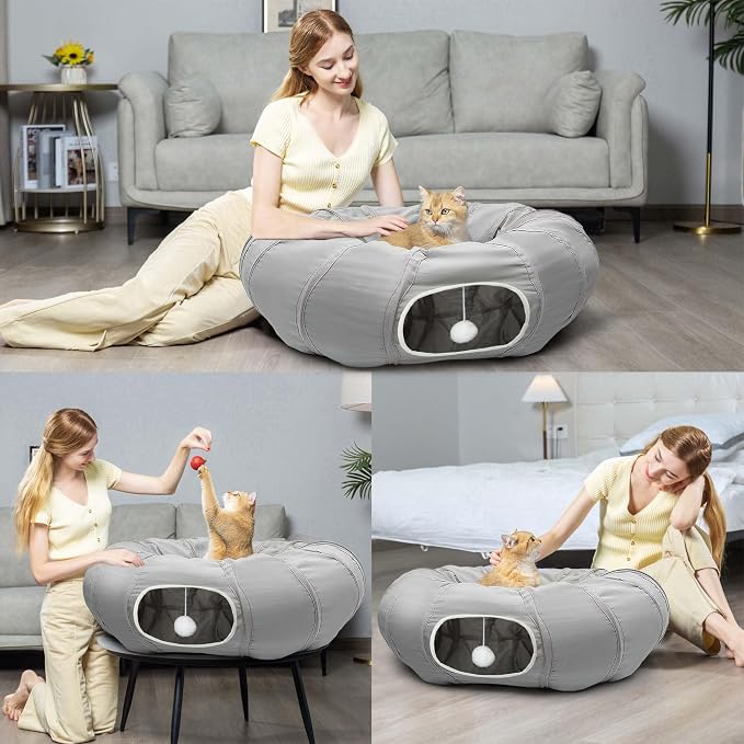 AUOON Cat Tunnel with Bed for Kitten Puppy Rabbit Ferret, Light Grey | 2-in-1 Interactive Cat Toy, with Hanging Ball Toy, Machine Washable Center Pad, 36"L x 36"W x 11.5"H