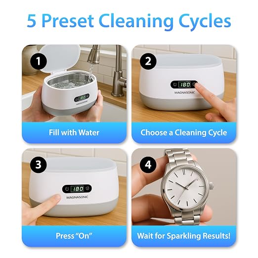 Magnasonic Ultrasonic Cleaner - 20oz Tank Ultrasonic Retainer Cleaner w/ 8oz Gem & Jewelry Cleaner Concentrate Solution, Digital Timer, 5 Cleaning Modes for Glasses, Rings, Dentures, Tools, Aligners