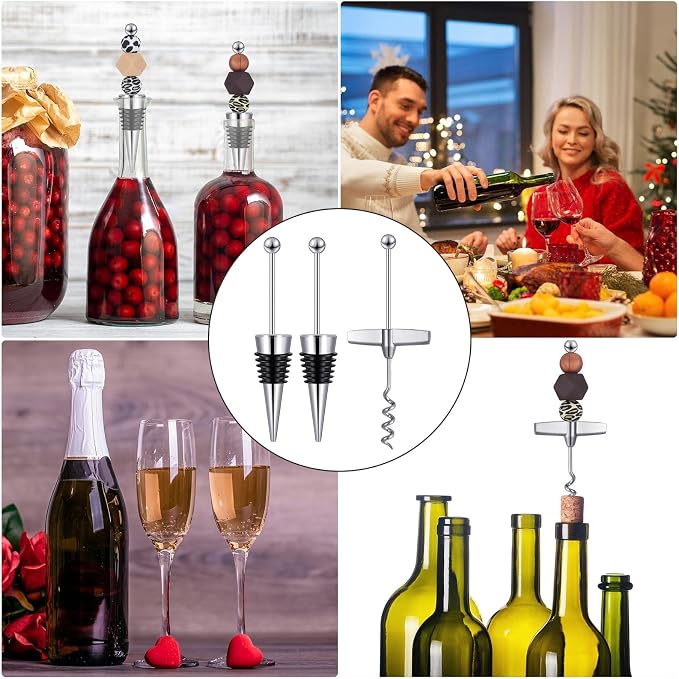Hushee 40 Pcs Beadable Wine Stoppers with Travel Corkscrew Set Decorative Beaded Wine Bottle Stopper Alloy Saver Beadable Bottle Opener Cork Remover for Kitchen Bar Restaurant Beverage Gifts
