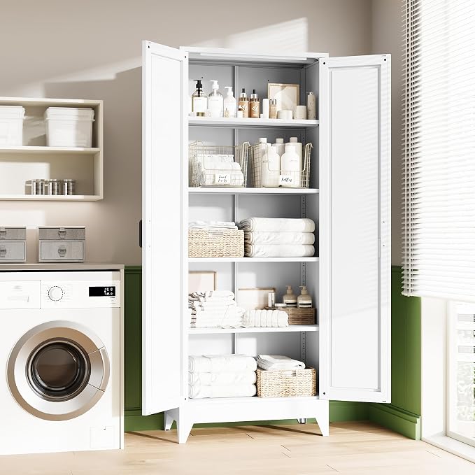 75" H Metal Storage Cabinet with 2 Doors and 4 Shelves,Tall Kitchen Pantry Cabinets,Farmhouse Utility Pantry Organizers for Cupboard/Dining/Bathroom/Home Office/Garage,White