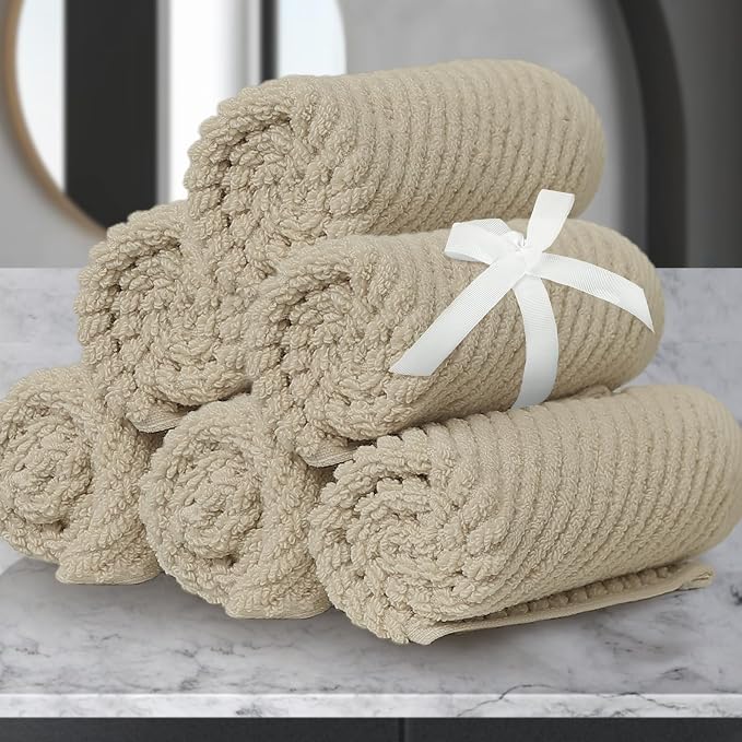VOOVA & MOVAS Face Cloths 6PC, 100% Cotton, 13x13 in, Dark Tan Beige | Thick, Quick Dry, Soft, Absorbent, Wash Cloths For Showering & Bathroom, Bathroom Essentials