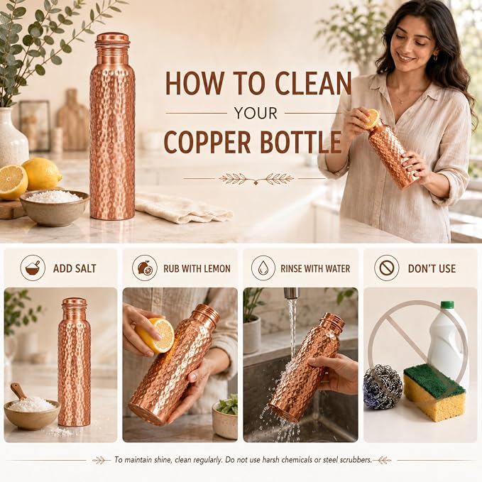 Copper Water Bottle, Ayurvedic Pure Copper Bottle For Drinking - Drink More Water, Lower Your Sugar Intake And Enjoy The health Benefits Immediately - 32 OZ 1Cleaning Brush +3 hammered Bottle