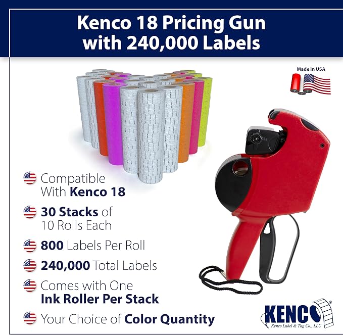 Kenco 18 1 Line Price Gun Kit - Choose Label Quantities and Colors - Includes Ink Rollers- 8 Digit Labeler for Pricing, Dating, and Coding